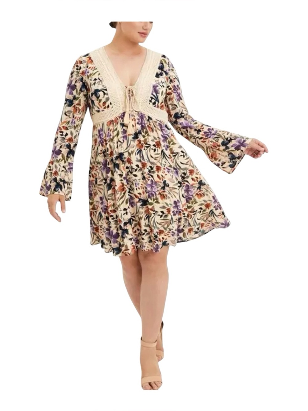 Torrid Size 4 Mini Gauze Lace Up Skater Dress Crochet Trim Floral Tassels Lined